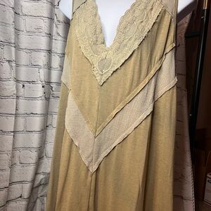 POL Olive Green Textured and Lace Knit Tunic Tank Open Back Button Detail